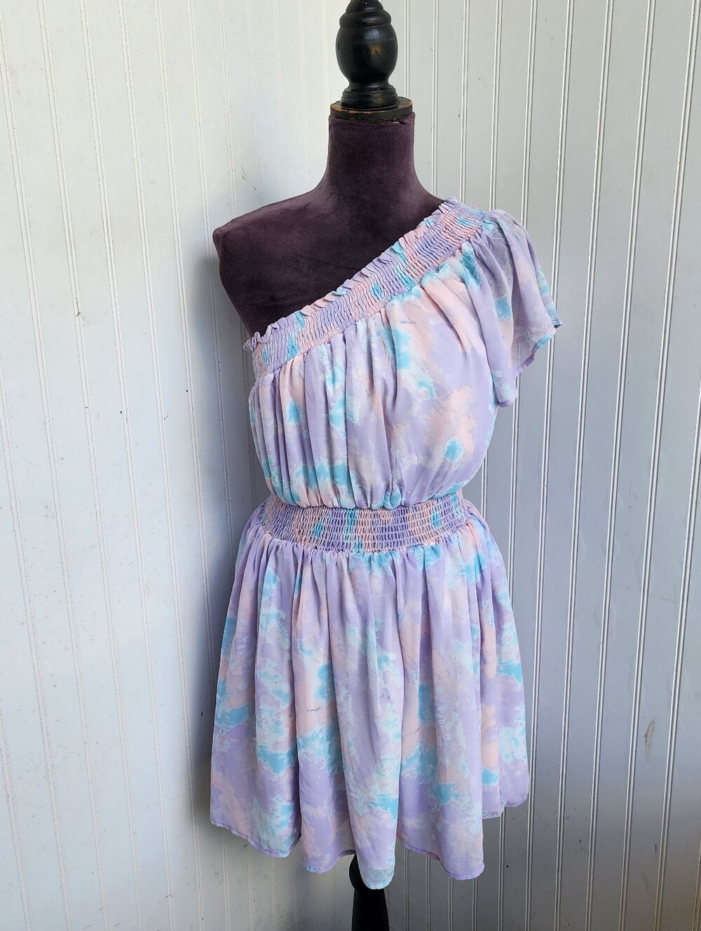 NWT Simplee One Shoulder Tiered Ruffle Mini Dress Pastel Abstract Watercolor M